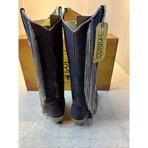 Corral Boots Cowgirl Overlay Embroidered Long Metal Fringe Blue Women SZ 7 - Picture 5 of 13